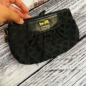 Coach Madison Black Logo Jacquard & Leather Wristlet Mini Bag 41988 Zipper Top